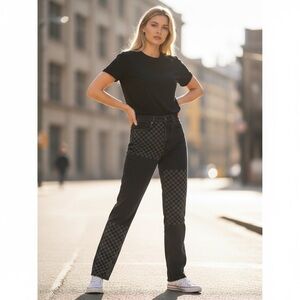 Reformation Cynthia Shadow Checked High Rise Straight Long Jeans 25